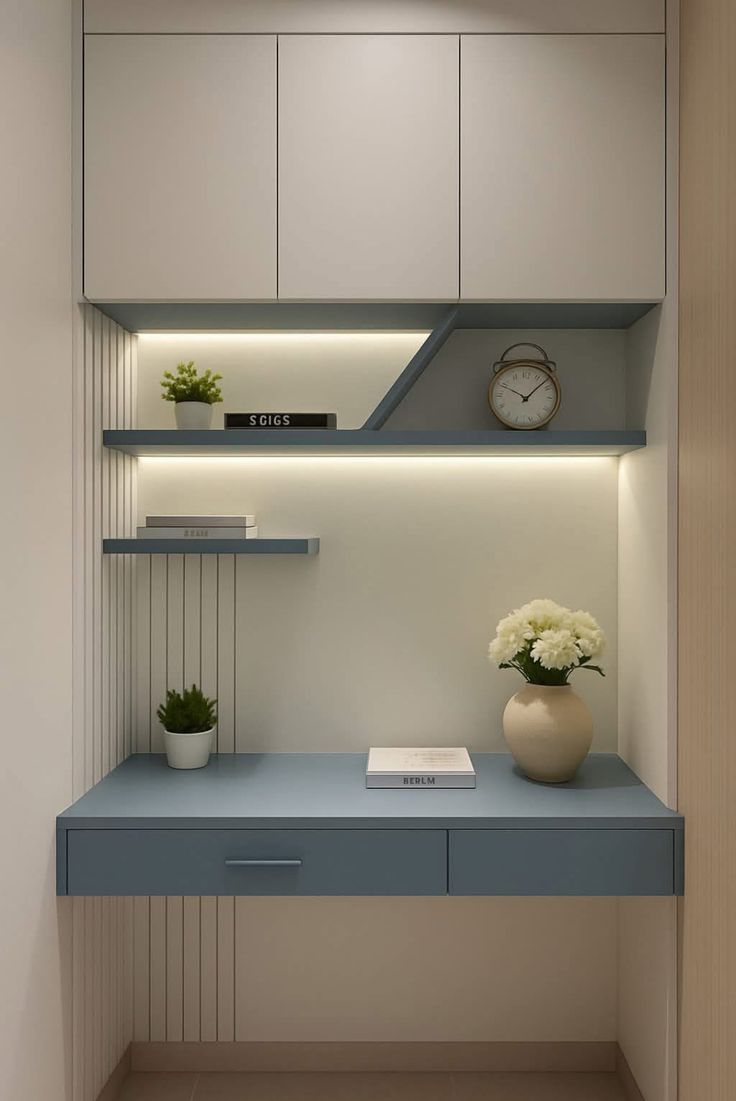 Real Site Executed Curved Floating Study Table with Striped Wall